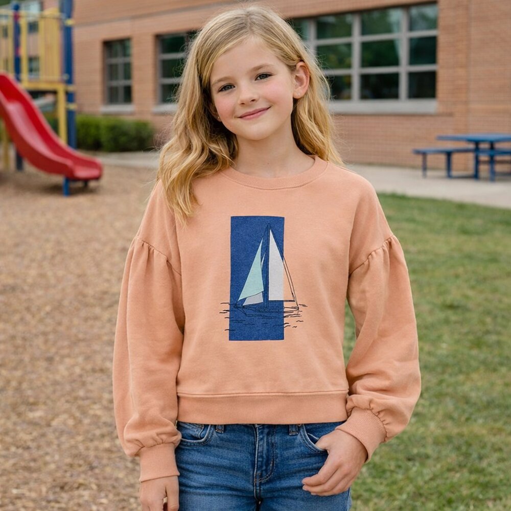 Nordstrom Sailboat Sweatshirt Girls L 10/12 Nautical Coastal Preppy Puff Sleeve